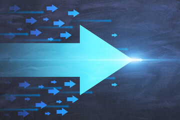 Poster - Abstract glowing digital arrows on chalkboard wall background. Future, innovation and fast concept. 3D Rendering.