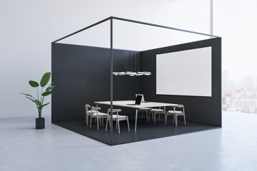 Aufkleber - Modern glass office box interior with empty white mock up banner, concrete and black elements, furniture and equipment on light background. Workplace, commercial, law and legal concept. 3D Rendering.