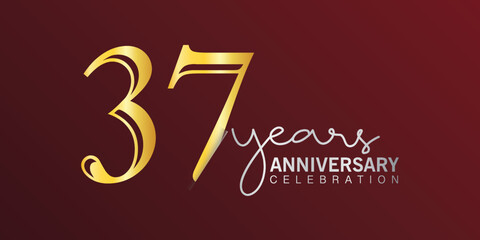 Poster - 37th anniversary celebration logotype number gold color with red color background. vector anniversary for celebration, invitation card, and greeting card