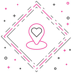 Poster - Line Map pointer with heart icon isolated on white background. Valentines day. Love location. Romantic map pin. Colorful outline concept. Vector