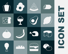 Set Bread Loaf, Cheese, Lemon, Watermelon, Ice Cream In The Bowl, Toast, Bell Pepper And Avocado Fruit Icon. Vector