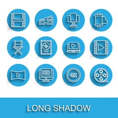 Poster - Set line Online play video, Monitor with HD, Play Video, 4k Ultra, Film reel, CD disk award frame, and icon. Vector