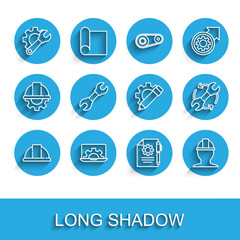 Poster - Set line Worker safety helmet, Laptop and gear, Wrench spanner, Document settings pen, arrows as workflow and Pencil icon. Vector