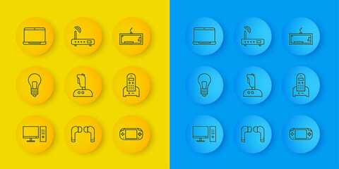 Poster - Set line Computer monitor, Light bulb with concept of idea, Joystick for arcade machine, Portable video game console, Telephone, Laptop, Keyboard and Router and wi-fi signal icon. Vector