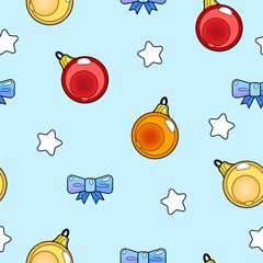 Christmas seamless blue pattern with colorful balls, bow, stars. Vector illustration for wrapping paper, textile, print, party, wallpaper.