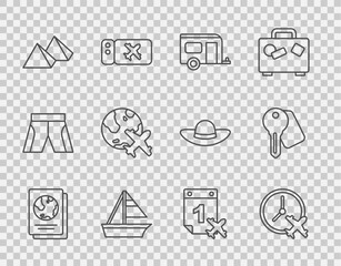 Poster - Set line Passport, Clock with airplane, Rv Camping trailer, Yacht sailboat, Egypt pyramids, Globe flying, Calendar and and Hotel door key icon. Vector