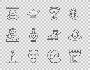 Wall Mural - Set line Burning candle in candlestick, Castle tower, Medieval goblet, Mask of the devil with horns, Magic hat wand, Bottle love potion, Moon stars and Witch icon. Vector