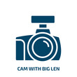 cam with big len icon from technology collection. Filled cam with big len, video, lens glyph icons isolated on white background. Black vector cam with big len sign, symbol for web design and mobile