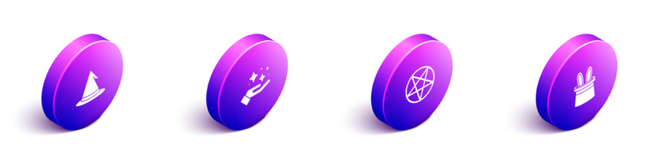 Set Isometric Witch hat, Sparkle stars with magic trick, Pentagram in circle and Magician and rabbit ears icon. Vector