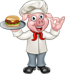 Wall Mural - Cartoon Pig Chef Holding Burger