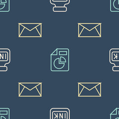 Poster - Set line Inkwell, Mail and e-mail and Document with graph chart on seamless pattern. Vector