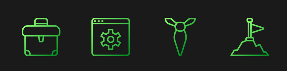 Poster - Set line Tie, Briefcase, Browser setting and Mountains with flag on top. Gradient color icons. Vector