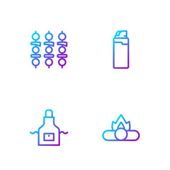 Sticker - Set line Campfire, Kitchen apron, Grilled shish kebab and Lighter. Gradient color icons. Vector