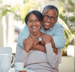 Poster - Portrait of elderly couple hug and bonding, happy and enjoying tea break at home together. Retirement, love and smiling man and woman embracing and resting in their house, fun and affection affection