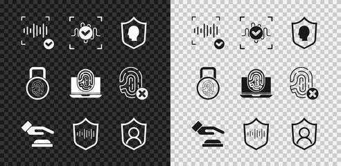 Poster - Set Voice recognition, User protection, Palm print, Shield voice, Fingerprint with lock and Laptop fingerprint icon. Vector