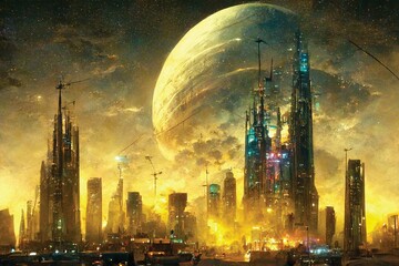 Canvas Print - Futuristic city, fantasy landscape, sci-fi illustration, town of the future. Digital art, ai artwork, wallpaper or background