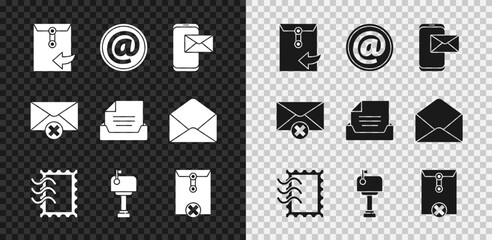 Poster - Set Envelope, Mail and e-mail, Mobile envelope, Postal stamp, box, Delete, and Drawer with document icon. Vector