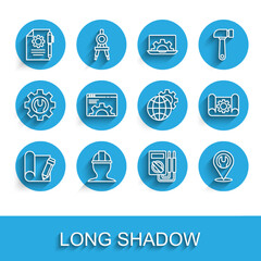Poster - Set line Graphing paper and pencil, Worker safety helmet, Document settings, Multimeter, Location with wrench spanner, Browser, gear and Globe of the Earth icon. Vector