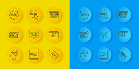 Set line Front end development, UI or UX design, Planning strategy concept, SEO optimization, Website template, and icon. Vector