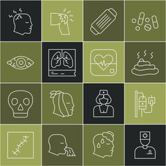 Wall Mural - Set line Male doctor, IV bag, Shit, Medical protective mask, Lungs x-ray, Reddish eye, Man having headache and Heart rate icon. Vector