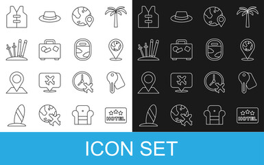 Poster - Set line Signboard with text Hotel, door lock key, Location on the globe, Suitcase, Ski and sticks, Life jacket and Airplane window icon. Vector