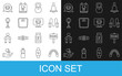 Set line Mouth guard boxer, Boxing ring board, Jump rope, Weight, Bathroom scales, Punching bag, helmet and icon. Vector