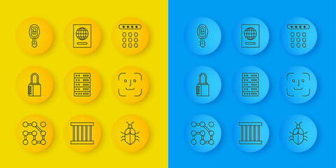 Aufkleber - Set line Graphic password protection, Safe combination lock, Server, Data, Web Hosting, System bug concept, Face recognition, Car key with remote, Password and Passport icon. Vector