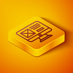 Poster - Isometric line UI or UX design icon isolated on orange background. Yellow square button. Vector