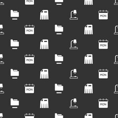 Poster - Set Table lamp, Calendar, Document folder and Paper shredder on seamless pattern. Vector