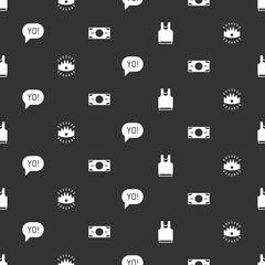 Poster - Set Undershirt, King crown, Yo slang lettering and Stacks paper money cash on seamless pattern. Vector