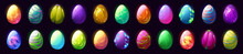 Cartoon Dragon Eggs, Dinosaur And Reptile Ui Game Assets Isolated Vector Set. Magic Eggs Collection With Colorful Textures, Pimples, Ice Crystal, Glowing, Fire And Power Energy Shells Gui Graphics
