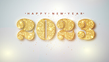 Wall Mural - 2023 happy new year. gold numbers design of greeting card of falling shiny confetti. gold shining pa