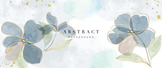 Fototapete - Floral in watercolor vector background. Luxury wallpaper design with blue flowers, line art, watercolor, flower garden. Elegant gold blossom flowers illustration suitable for fabric, prints, cover.