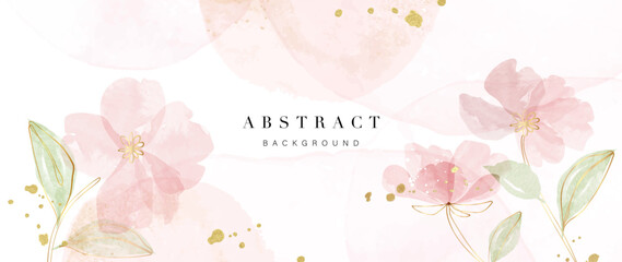 Fototapete - Floral in watercolor vector background. Luxury wallpaper design with pink flowers, line art, watercolor, flower garden. Elegant gold blossom flowers illustration suitable for fabric, prints, cover.