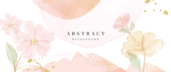 Fototapete - Floral in watercolor vector background. Luxury wallpaper design with pink flowers, line art, watercolor, flower garden. Elegant gold blossom flowers illustration suitable for fabric, prints, cover.
