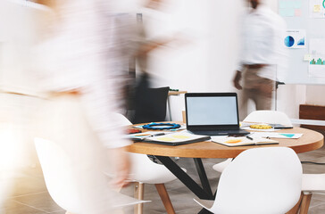 Aufkleber - Laptop mockup, busy office and blurred background marketing agency, startup company and fast workplace. Business meeting table, planning and working on computer screen, technology and stats documents