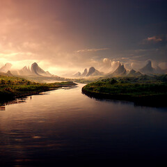 Wall Mural - Fantasy mountain landscape with foggy sunset ang river. 3D illustration.