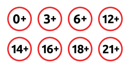 Set of age limit signs. Age restriction content icon vector illustration.