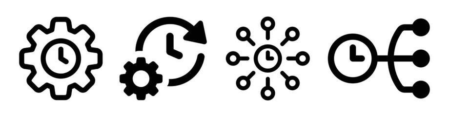 Leinwandbilder - Time management project planning icon set. Cogwheel with clock vector symbol isolated on white background. 