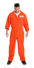 Wall Mural - Prisoner in orange jumpsuit on white background