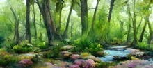 Enchanting Watercolor Evergreen Forest, Old Grove Trees, Moss And Ferns. Calm Tranquil Nature Green Scene. Wild Flowers, Fantasy Woodland Swamp, Wetland Grass, Fen River Streams And Springs. 