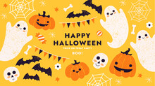 Cute Halloween Horizontal Design Template. Textured Illustration Of Various Monsters. Vector Illustration