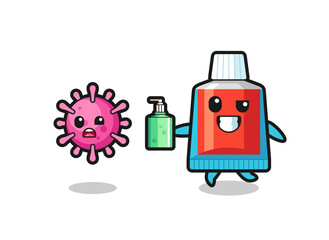 Sticker - illustration of toothpaste character chasing evil virus with hand sanitizer