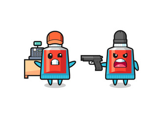 Sticker - illustration of the cute toothpaste as a cashier is pointed a gun by a robber