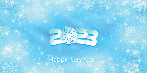 Happy New Year 2023. Numbers 2, 3, 23 and snowflake cut from paper for holiday card, invitation, calendar poster, banner. Vector Illustration. snow falls. Frost effect.