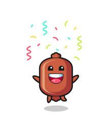 Wall Mural - happy sausage mascot jumping for congratulation with colour confetti