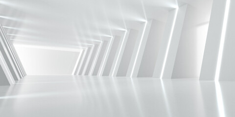 Wall Mural - 3d render of abstract futuristic architecture design. White concrete floor for car presentation.