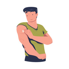 Sticker - Vaccination with Young Man Character Holding His Upper Arm After Being Vaccinated Vector Illustration