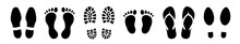Different Human Footprints Collection. Set Human Footprints . Baby Footprint. Shoes For Children And Adults.Flat Linear Design. Black Silhouettes Isolated.Vector Illustration