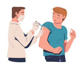 Sticker - Vaccination with Man Character Vaccinated in Her Upper Arm with Doctor Holding Syringe Vector Illustration